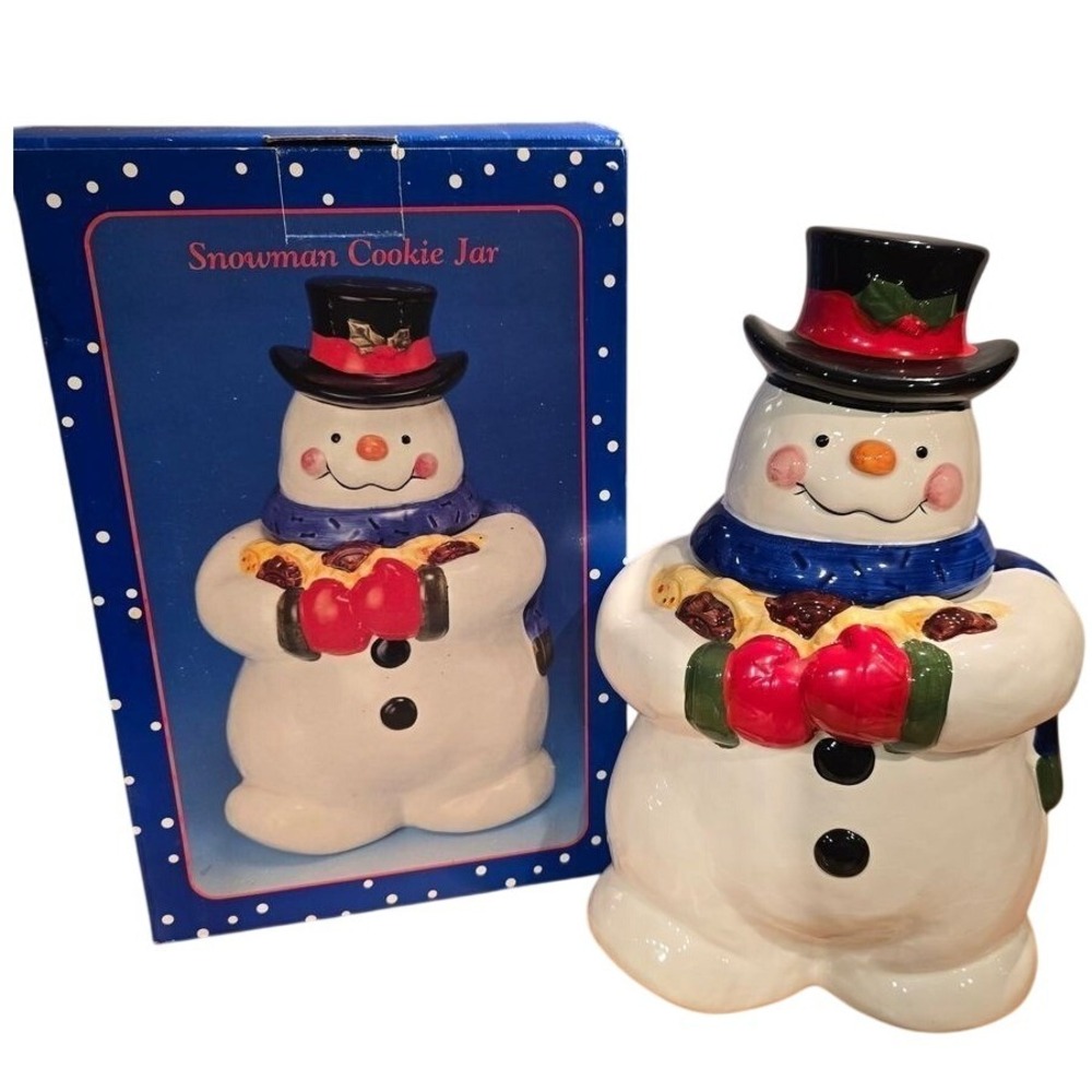 Snowman Cookie‎ Jar Top Hat Blue Scarf Holding Cookies with Original Box